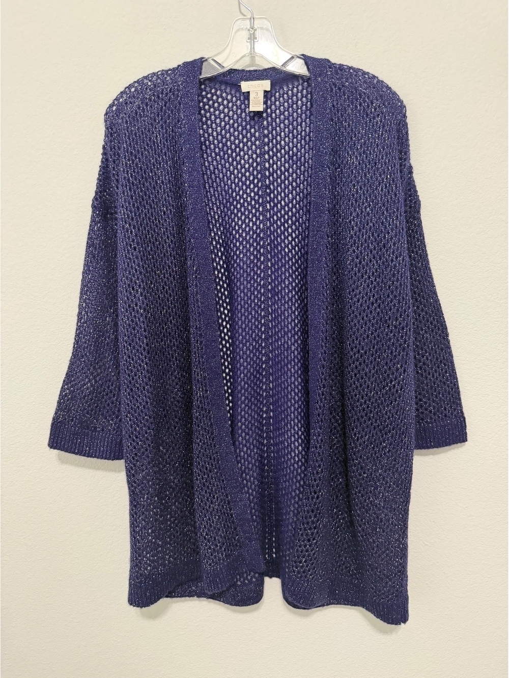 Chico’s 3/4 Sleeve Wool Blend Purple/Silver Open Knit Cardigan Sweater Size XL